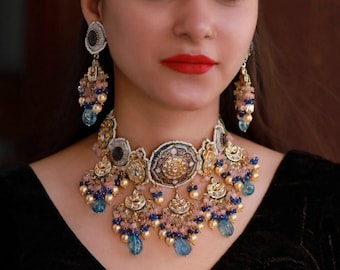 Royal Sapphire Pearl Statement Choker Set: Pink & Blue Indian Wedding Necklace with Earrings