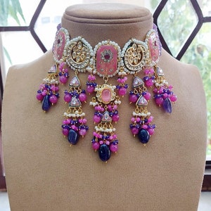 Blue and Pink Choker, Indian Jewelry, Indian Necklace, Indian Choker, Indian Wedding Necklace Set, Kundan Choker