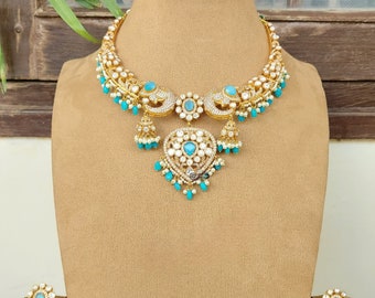 Sea Blue Color kundan Polki Necklace| Indian Jewelry |Statement Jewelry |Pakistani Jewelry | Raani Haar | American Diamond Necklace |Wedding