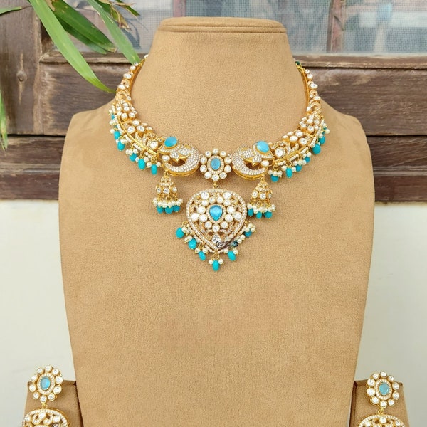 Sea Blue Color kundan Polki Necklace| Indian Jewelry |Statement Jewelry |Pakistani Jewelry | Raani Haar | American Diamond Necklace |Wedding