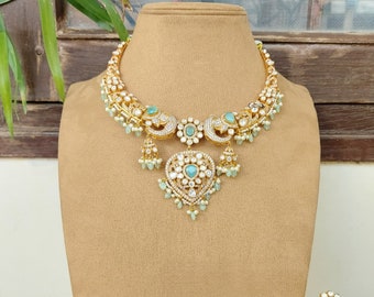 Mint Green  kundan Polki Necklace| Indian Jewelry |Statement Jewelry |Pakistani Jewelry | Raani Haar | American Diamond Necklace |Wedding