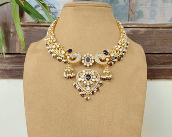 Blue Colour kundan Polki Necklace| Indian Jewelry |Statement Jewelry |Pakistani Jewelry | Raani Haar | American Diamond Necklace |Wedding