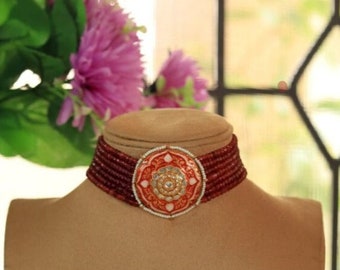 Red Kundan Choker: Indian Polki Stone Necklace Set