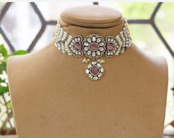 Pink Kundan Polki Pearl Choker/ Indian Jewelry/ Indian Necklace/ Indian Choker/ Indian Wedding Necklace Set/ Kundan Choker