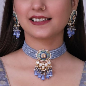 Blue kundan Polki Choker, Indian Jewelry, Indian Necklace, Indian Choker, Indian Wedding Necklace Set, Kundan Choker/ Kundan Jewelry .