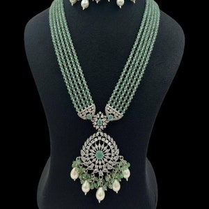 Mint Green Pearl Long Victorian Style Necklace/ Long Kundan Necklace/Indian Long Necklace/Indian Jewelry/ South Indian Jewelry | Pakistani