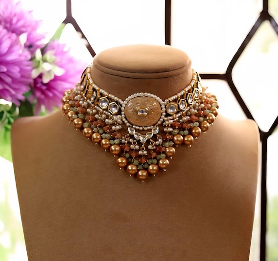 Peach Kundan Choker Necklace: Indian Bridal Jewelry With Mina Work