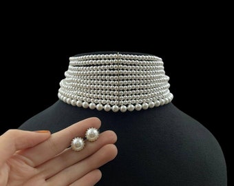Gargantilla Kundan de perlas con pendientes, joyería nupcial india