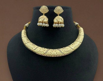 Sabyasachi Inspired Fine Quality Gold Plated Traditional  Meenakari Kundan Jadau Polki Hasli, Necklace With Earrings, Rajwada Jewelry.