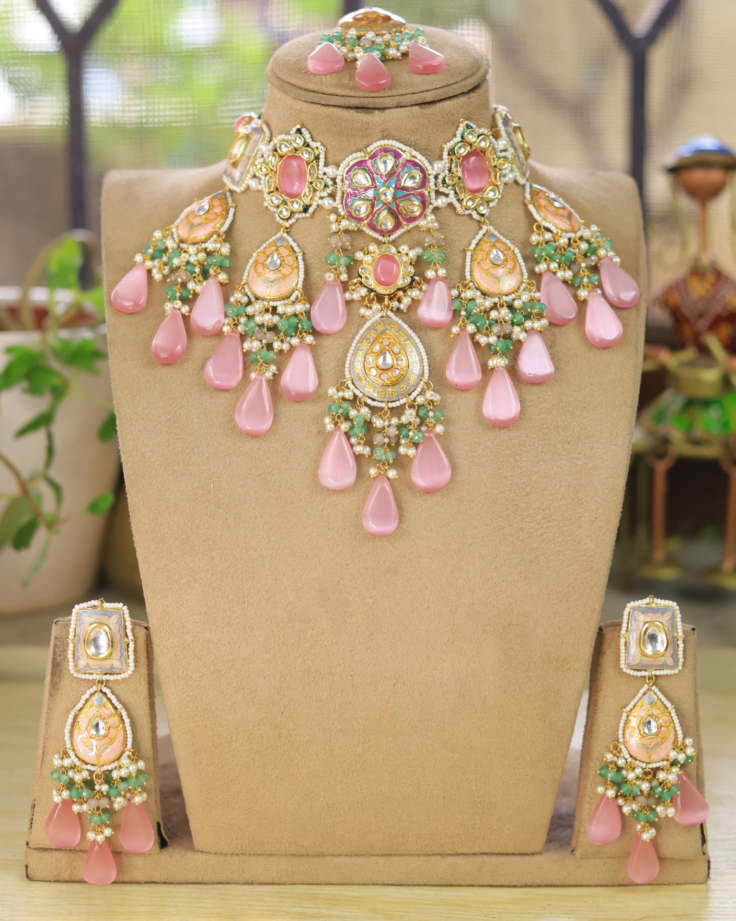 Kundan Choker Necklace: Pink & Green Indian Jewelry Set