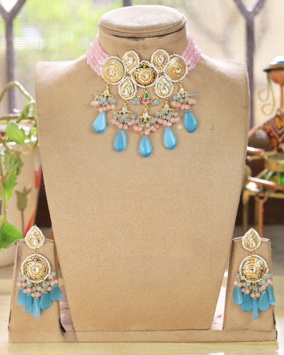 Kundan Choker Necklace: Blue Pink Indian Jewelry With Earrings