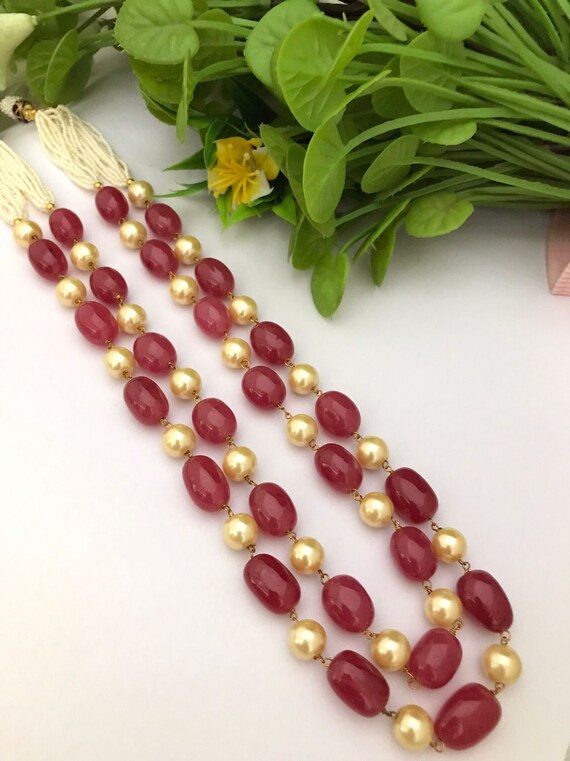 Red Beaded Long Necklace With Earrings: Kundan Indian Jewelry