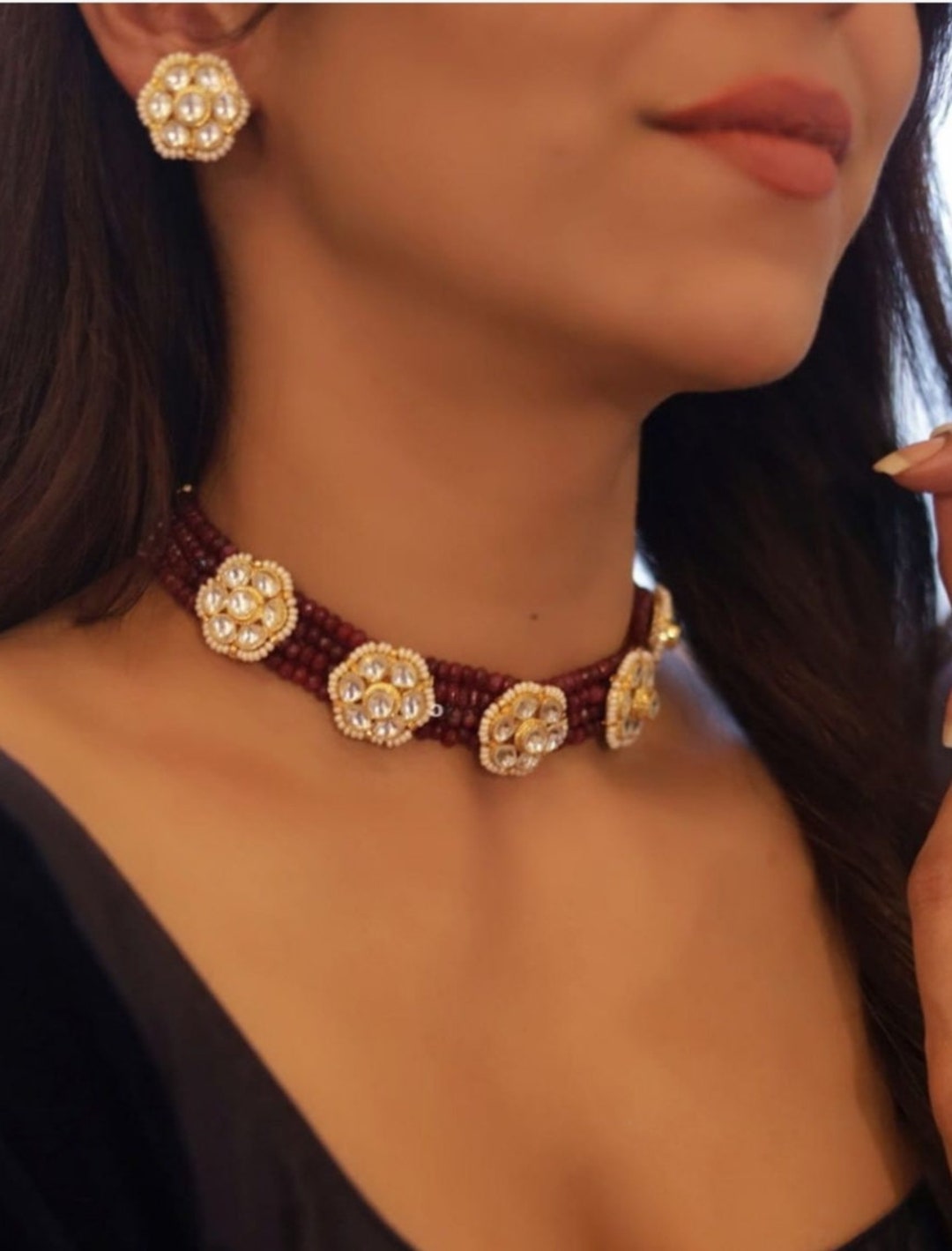 Blush Pink Polki Kundan Bridal Choker Set with Pearl Drops & Jhumkas