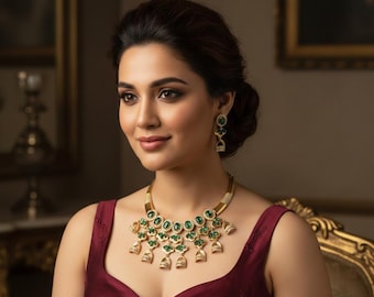 Emerald Green Stone Choker Necklace Set - Indian Wedding Jewelry, Bridal Jewelry