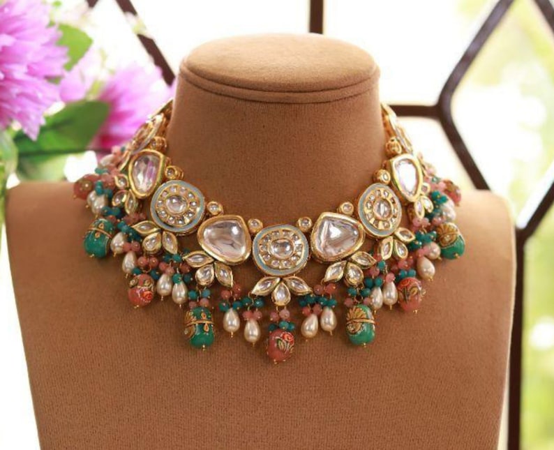 Collar de color menta y rosa/ Joyería india/ Joyería paquistaní/Collar indio/ Gargantilla india/ Collar de boda india/ Gargantilla Kundan imagen 1