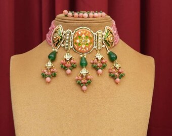 Handcrafted Blue Meenakari Choker Necklace Set - Indian Wedding Jewelry, Bridal Jewelry