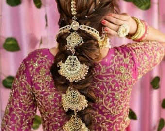 Conjunto de accesorios para el cabello de novia Kundan Pearl: joyería tradicional india para trenzas.