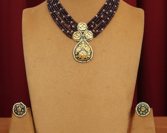 Royal Purple Beaded Necklace Set with Gold-Tone Pendant - Indian Wedding Jewelry, Bridal Jewelry