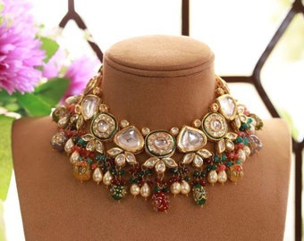 Collier de couleur rouge et verte/ Bijoux indiens/ Bijoux pakistanais/ Collier indien/ Ras de cou indien/ Collier de mariage indien/ Ras de cou Kundan