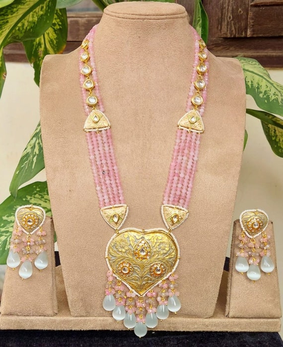 Kundan Polki Necklace: Pink Beads, Indian Wedding Jewelry