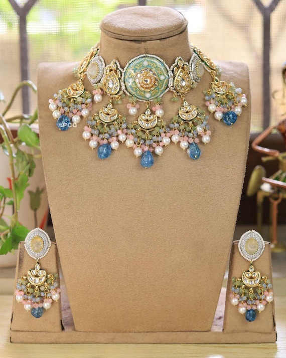 Kundan Polki Choker: Blue White Indian Wedding Necklace