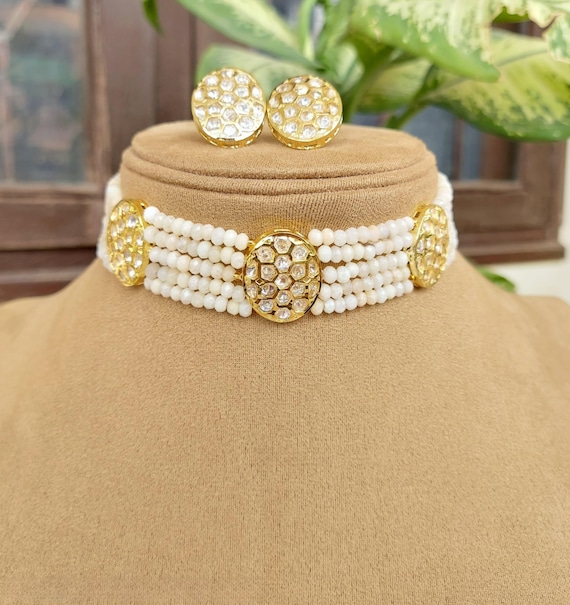 Beige Beaded Kundan Choker Set With Stud Earrings: Indian Jewelry