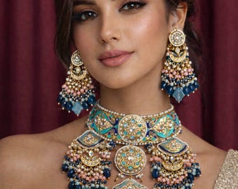 Handcrafted Royal Kundan Choker Set with Meenakari Work - Turquoise Indian Jewelry