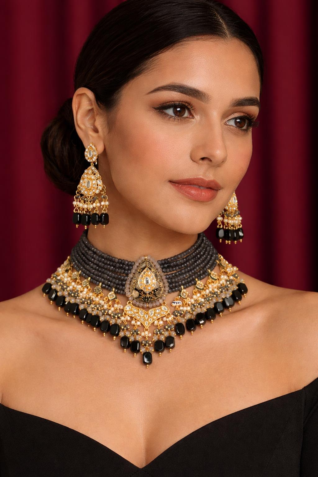 Gray Black Kundan Choker Set