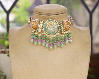 Mint Meenakari Choker Set: Indian Bridal Jewelry with Kundan & Pearls
