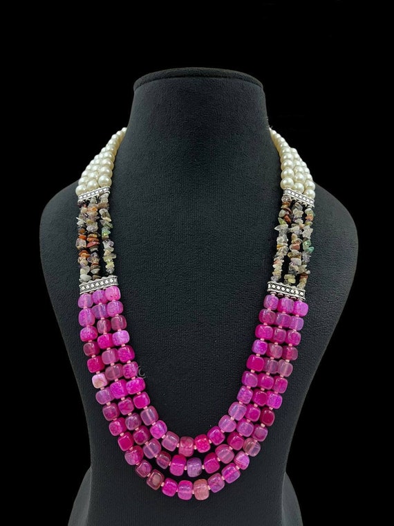 Pink Rani Color Beads Long Necklace: Indian Wedding Jewelry