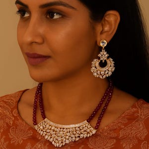 Kundan Choker Halskette: Rubinrot CZ Kristall, Indischer Brautschmuck