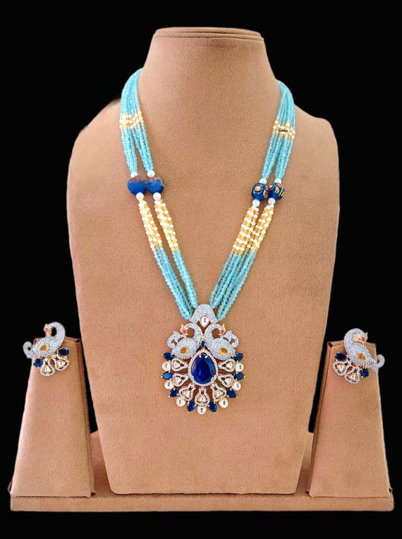 Sea Blue Kundan Polki Necklace Set: Indian Wedding Jewelry