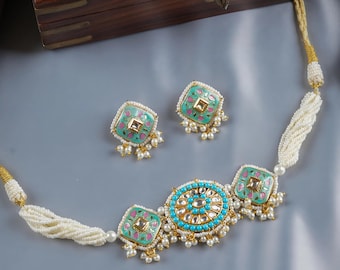 Turquoise Minakari Necklace & Earrings Set: Kundan-Style Indian Jewelry