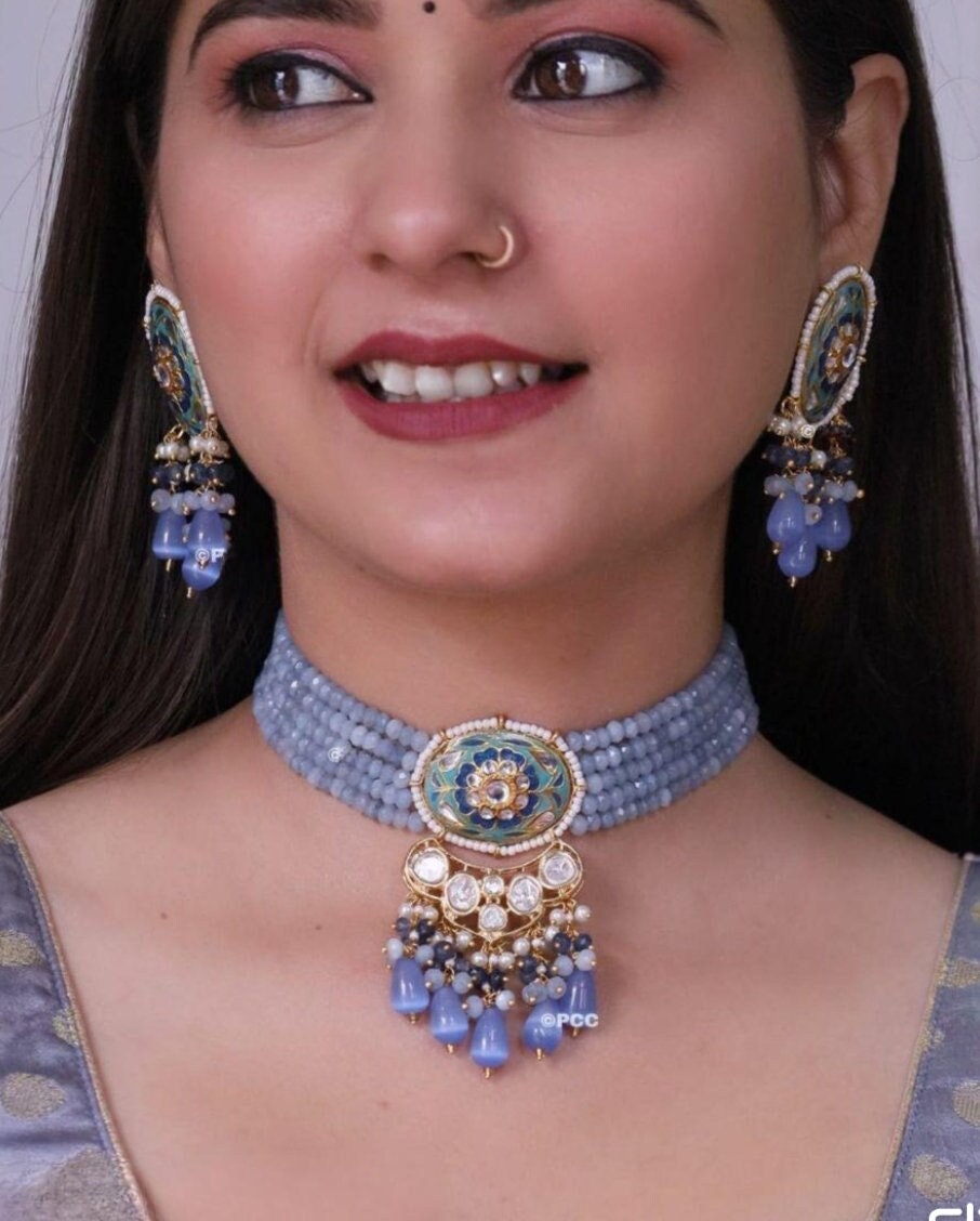 Gargantilha Kundan Polki azul, joias indianas, colar indiano, gargantilha indiana, conjunto de colar de casamento indiano, gargantilha Kundan/joias Kundan.