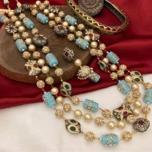 Kundan Navratna Necklace: Semi Precious Stones & Pearls, Victorian Style
