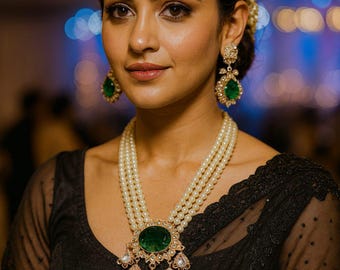 Green Kundan Pearl Necklace Set: Bridal Polki Jewelry with Earrings