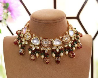 Collier couleur kundan polki rouge/ Bijoux indiens/ Bijoux pakistanais/Collier indien/ Ras de cou indien/ Collier de mariage indien/ Ras de cou Kundan