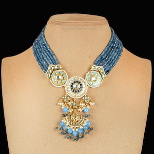 Blue Kundan Polki Choker, Indian Jewelry, Indian Necklace, Indian Choker, Indian Wedding Necklace Set, Kundan Choker