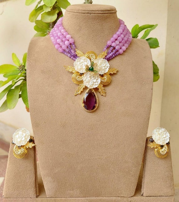 Kundan Polki Necklace Set: Pink Beaded Indian Jewelry UK