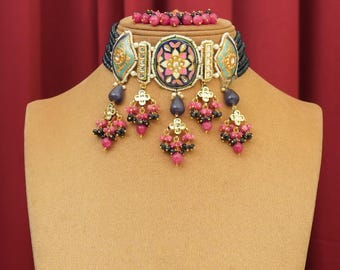 Handcrafted Navy Blue & Pink Enamel Choker Set - Indian Wedding Jewelry, Bridal Jewelry