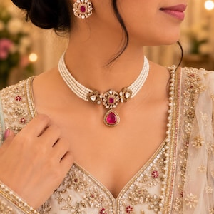 May include: A multi-strand pearl choker necklace featuring a central gold-toned pendant with a teardrop-shaped pink stone and matching stud earrings. The jewellery set includes intricate gold metalwork, small white pearls, and pink accents.