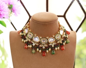 Collar de color rojo y verde/ Joyería india/ Joyería paquistaní/Collar indio/ Gargantilla india/ Collar de boda india/ Gargantilla Kundan