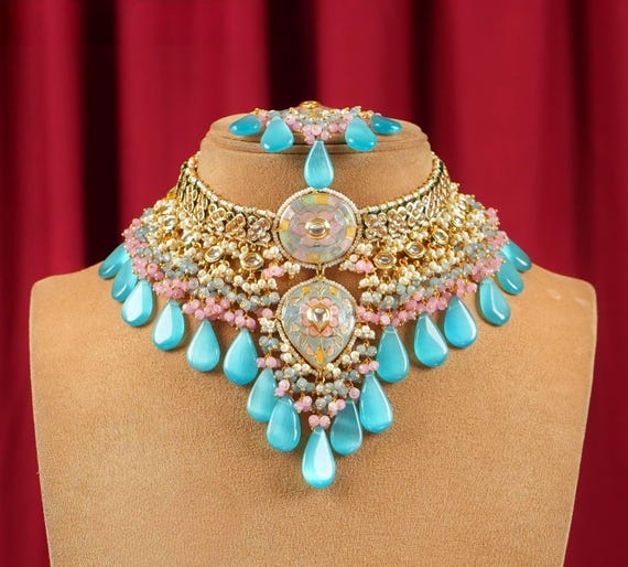 Blue Minakari Choker Necklace Set: Kundan Polki Stone Bridal Jewelry