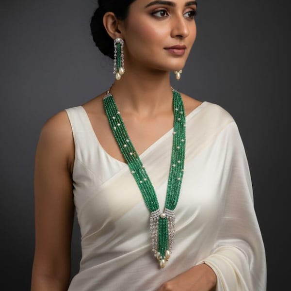 Emerald Green Beaded Necklace Set, Pearls, Indian Jewelry