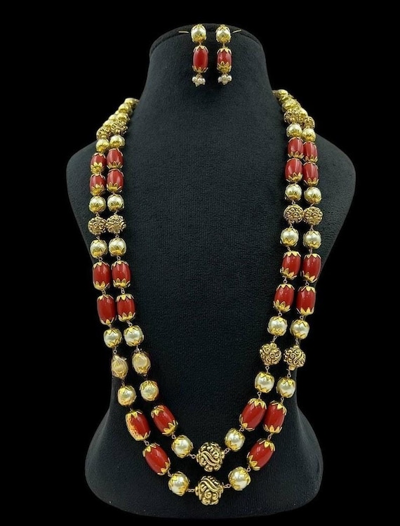GehnaaJewelsBoutique Coral Antique Necklace Mala Set Antique Mala Jaipuri Mala Set Mala Set Sabyasachi Jewellery Traditional Jewellery Indian Jewellery