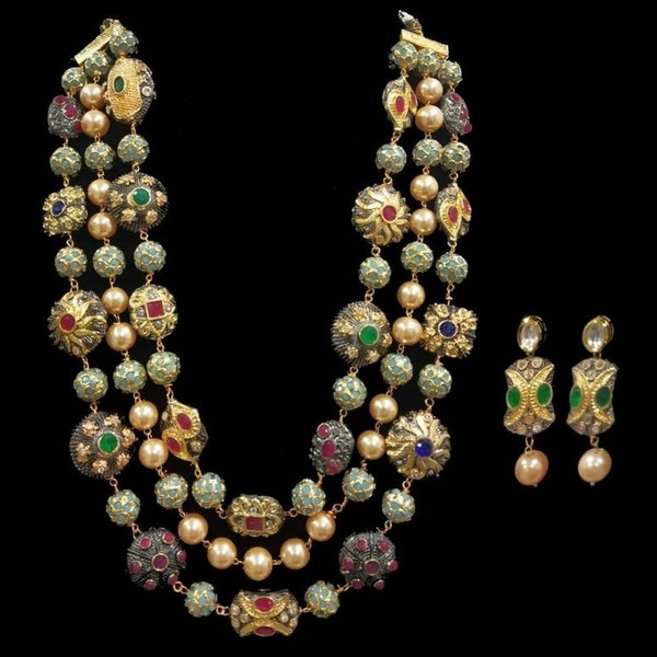 3 Layer long Necklace /Necklace of semi precious stones and pearls/ Kundan Necklace/  Sabyasachi jewellery/ Victorian Necklace/Navratna Set.