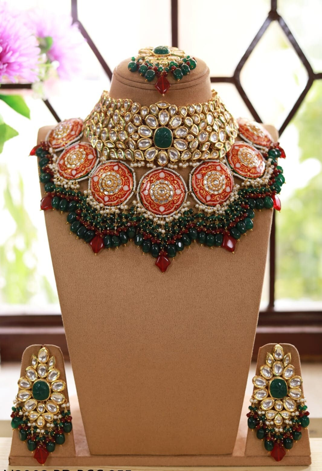Kundan Indian Necklace Set: Silver Foil, Red, Green, Jaipur