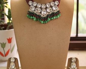Fine Kundan Necklace Set: Red, Green, and Silver Indian Jewelry