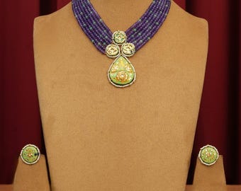 Royal Purple Heritage Beaded Necklace Set - Indian Wedding Jewelry, Bridal Jewelry