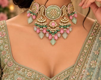 Kundan Choker: Pink & Green Indian Jewelry Set